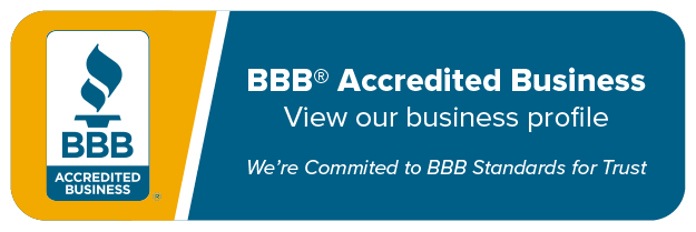 BBB Accredited Business logo with blue and yellow design and text about BBB standards for trust.