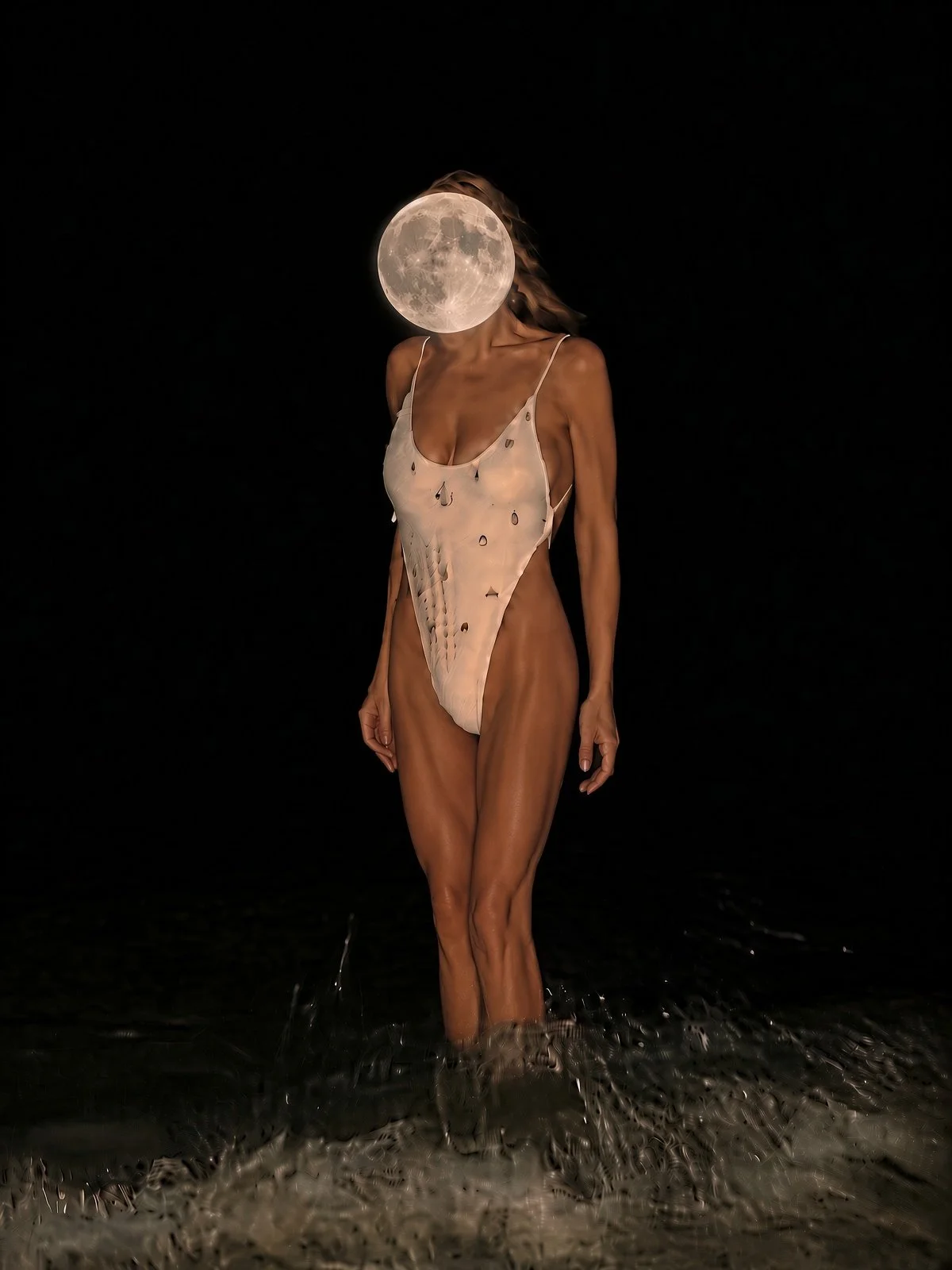 Artistic portrait of a travel companion in dark water at night, face gently obscured for privacy