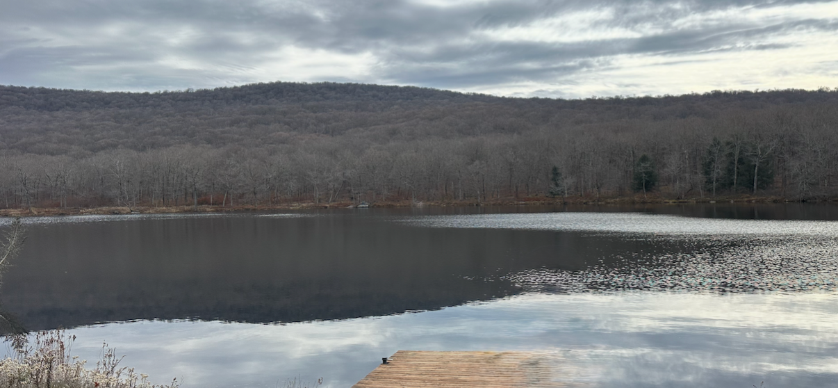 A calm lake surrounded by leafless trees and rolling hills under a cloudy sky.