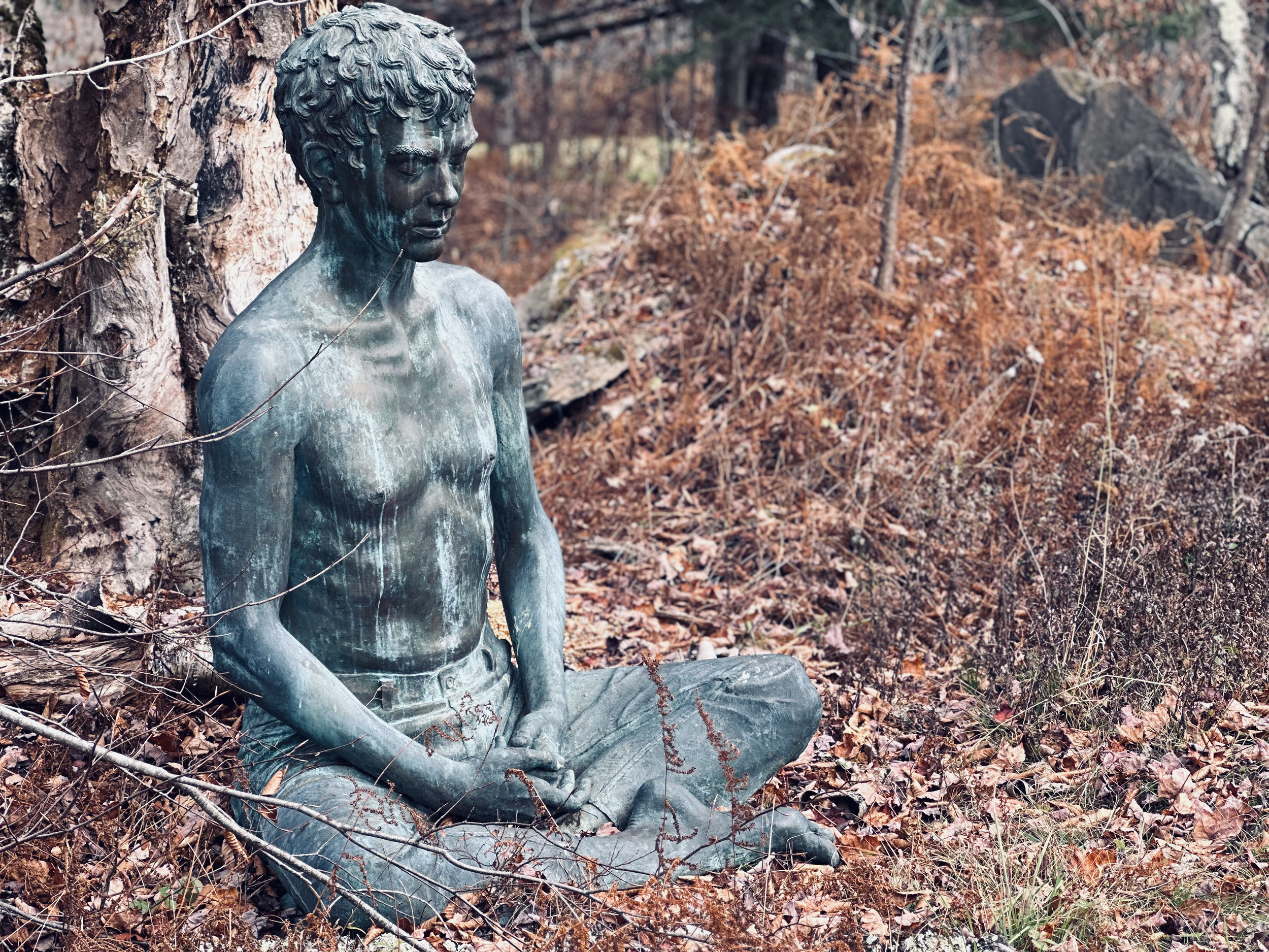 Bronze statue of a seated young man with curly hair, in a forest with autumn leaves on the ground and barren trees in the background.