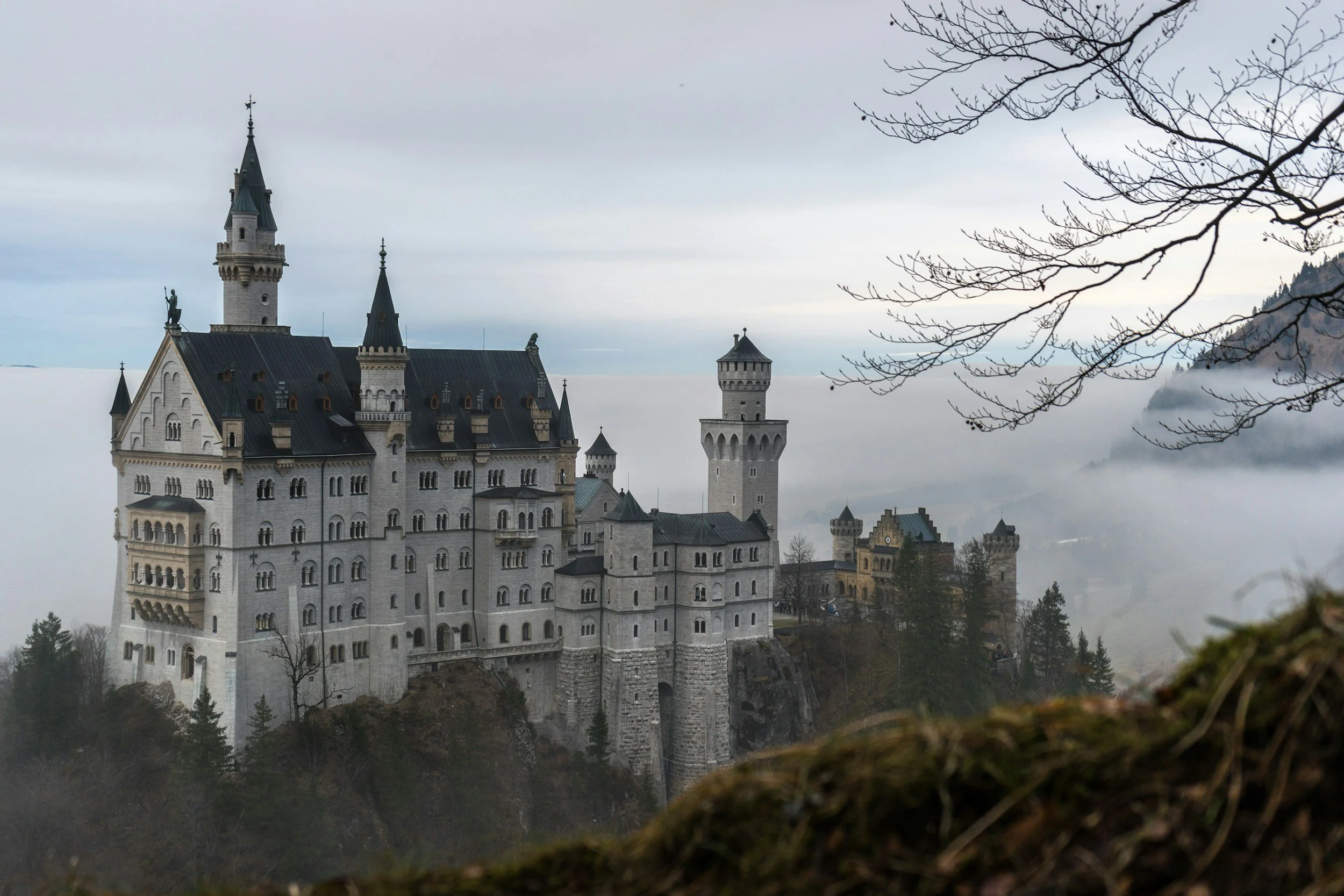 A large fantasy-style castle with multiple towers and turrets, situated on a hilltop and surrounded by trees, shrouded in mist and fog under a cloudy sky.