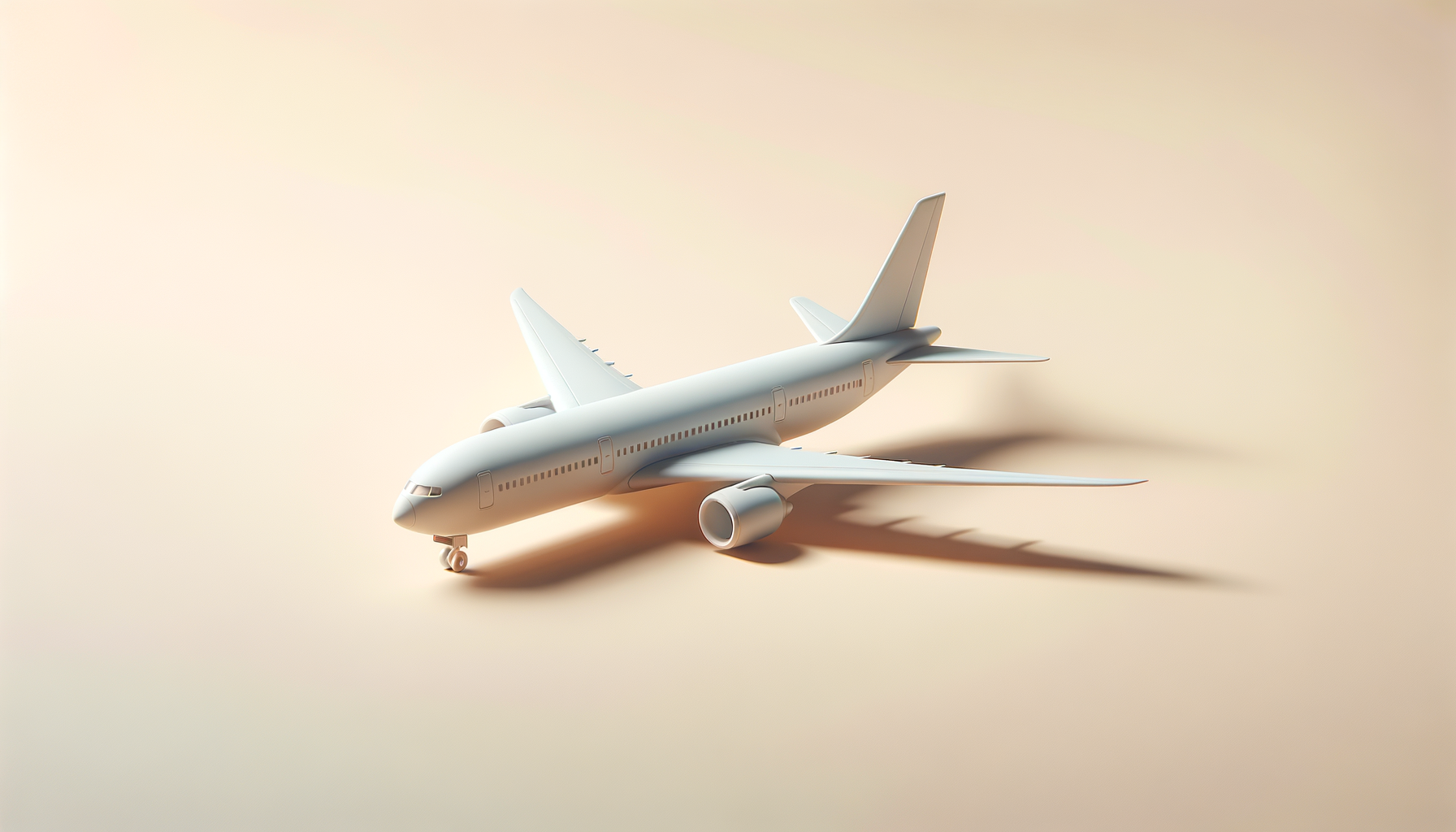 An unpainted, white airplane model with wings, engines, and tail assembled, placed on a beige surface with a soft gradient background.