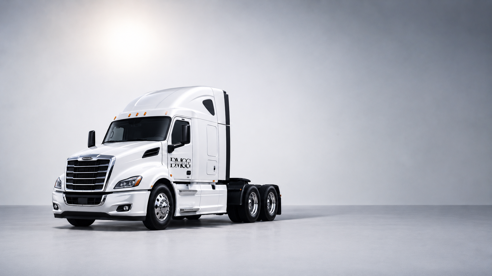 A white semi-truck with a high cab and a black chassis, parked on a plain surface against a simple gray background.