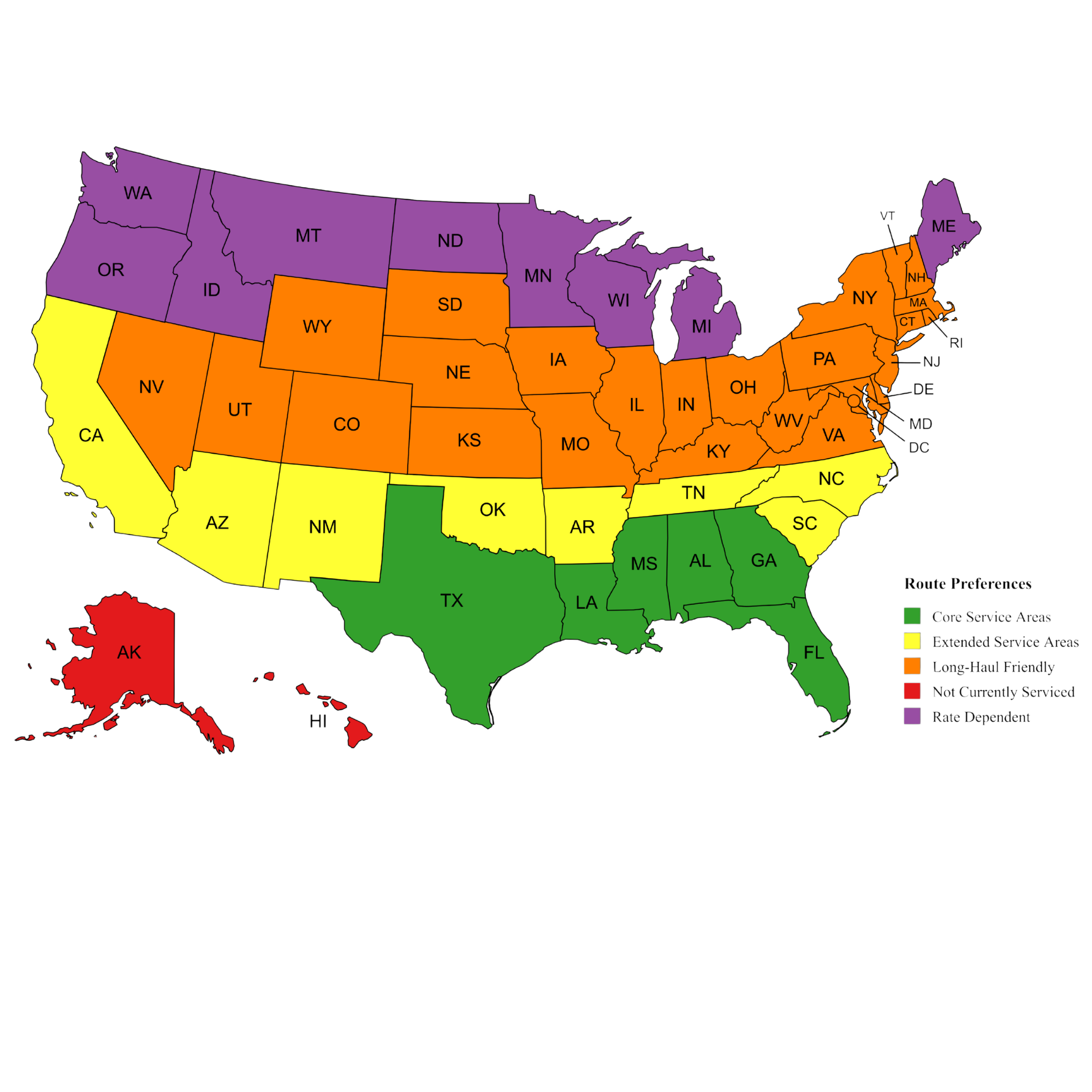 Map of the United States showing different service area categories using color coding: green for core service areas, yellow for extended service areas, orange for long-haul friendly areas, purple for rate dependent areas, and red for areas not currently serviced.