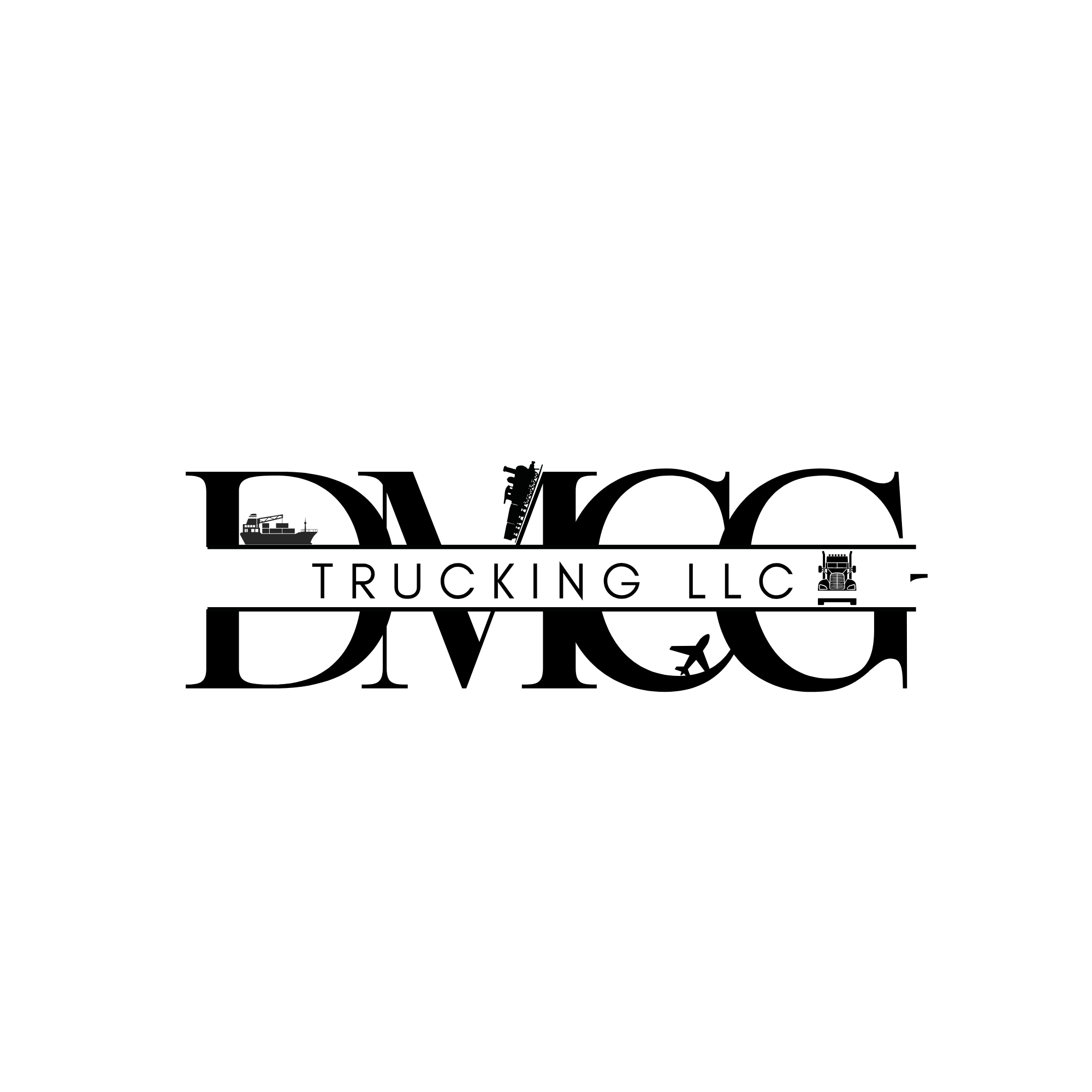 Logo for Trucking LLC featuring a black truck silhouette between a shipping vessel on the left and a semi truck on the right, with a black circle enclosing the design and the company name in bold letters.
