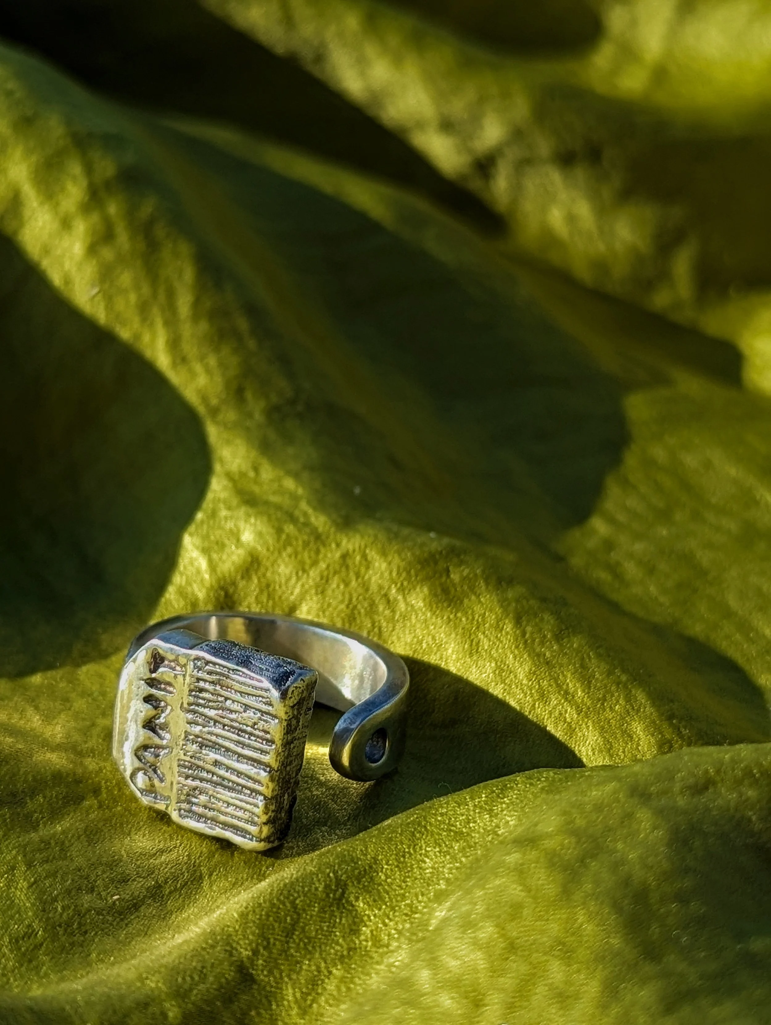 Close-up of a silver metal buckle, a silver keychain, and a small metal doodle on a green fabric surface.