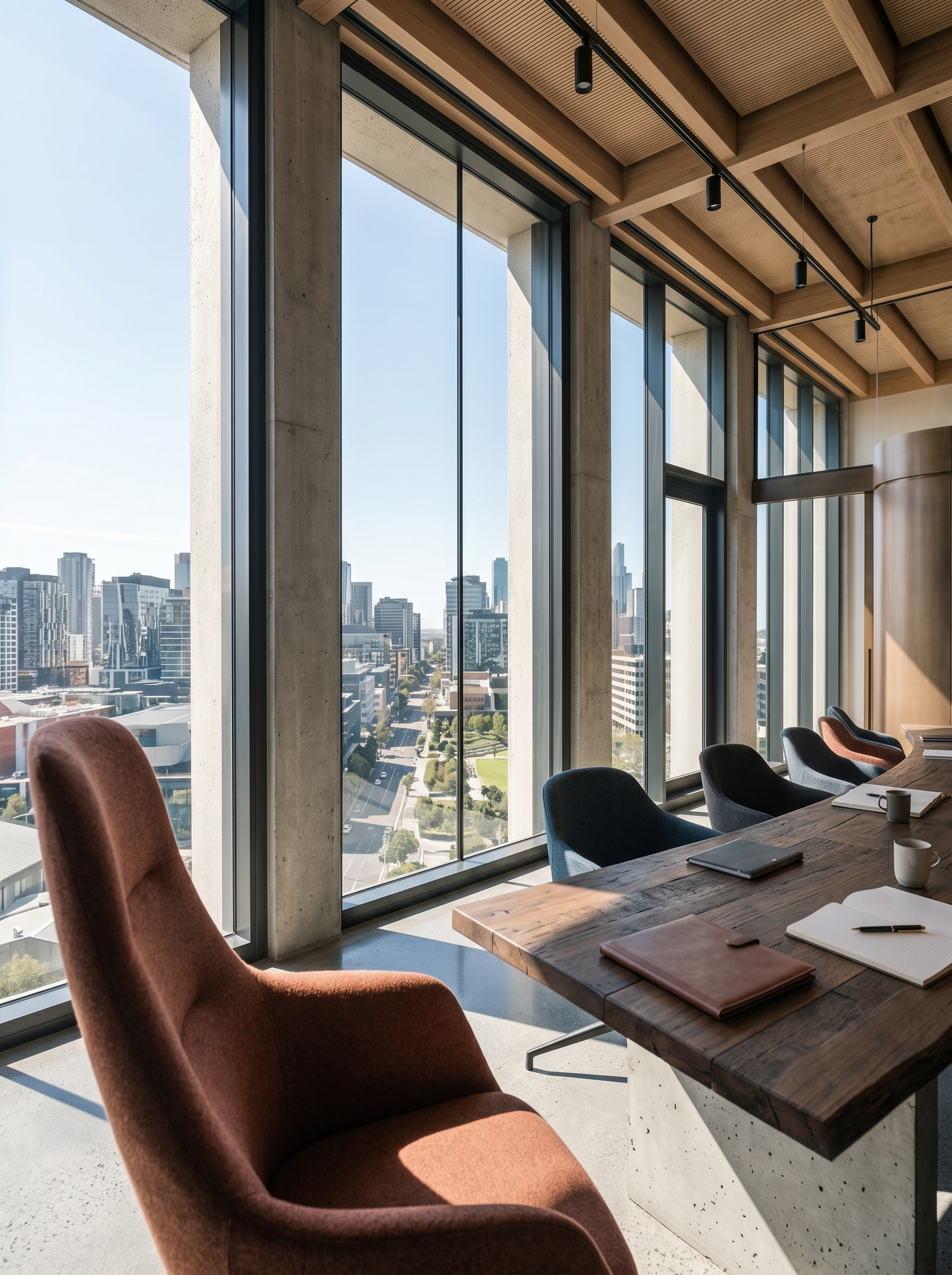 Office conference room with large floor-to-ceiling windows showing city skyline with high-rise buildings, several chairs around a wooden table with notebooks and coffee mugs, and a high wooden ceiling with track lighting.