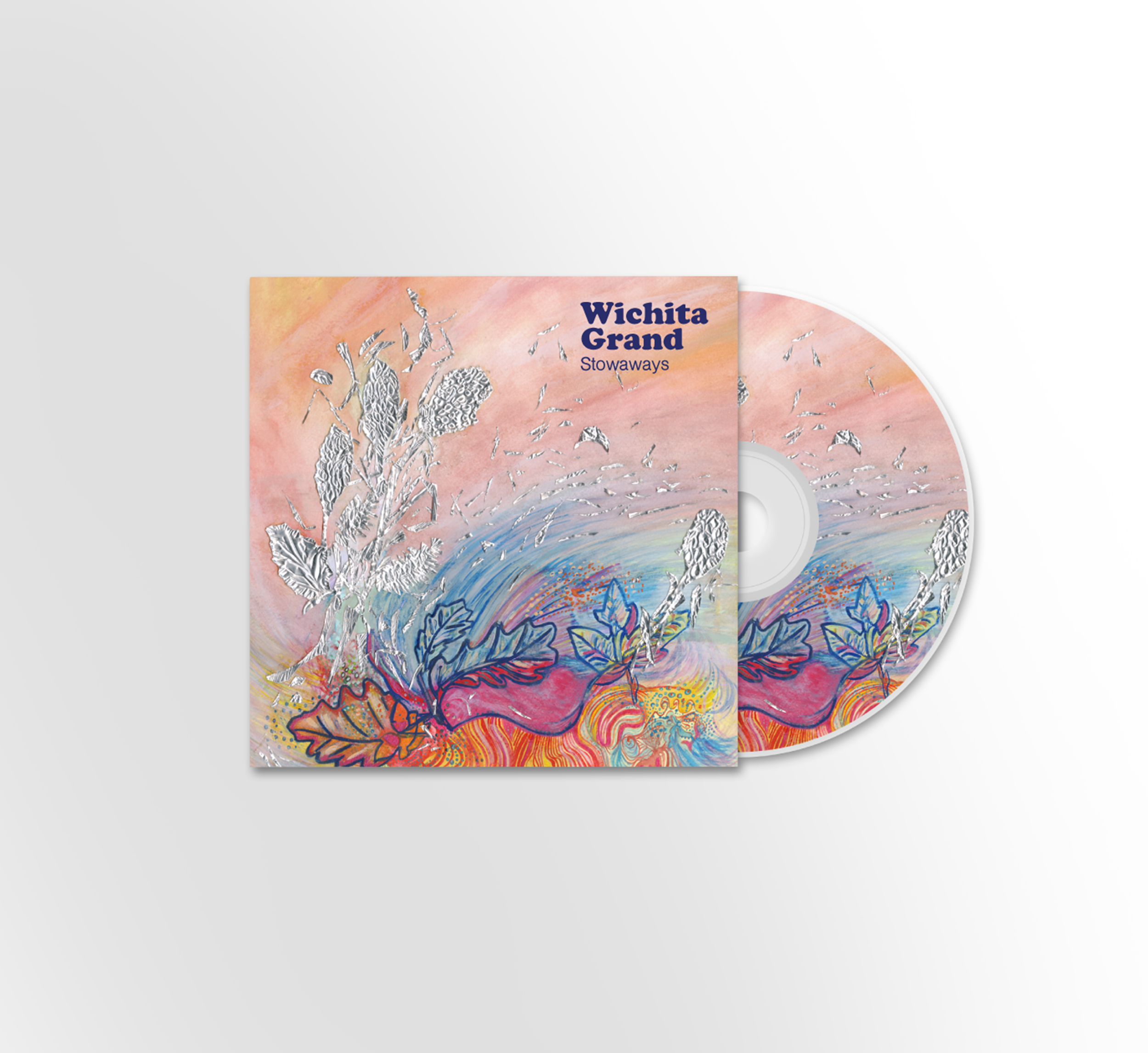 CD case with colorful artistic cover art featuring abstract floral and landscape designs, with the text 'Wichita Grand Stowaways'.