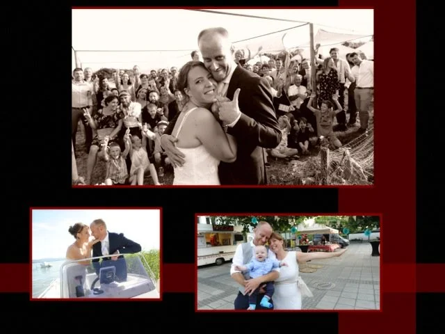 Trois photos d'une famille en différentes occasions : un mariage avec un couple heureux dans une foule, un couple avec un bébé dans un parc, et un couple avec un bébé dans une rue.