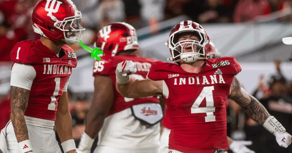 Three Indiana University football players in red and white uniforms celebrating on the field.