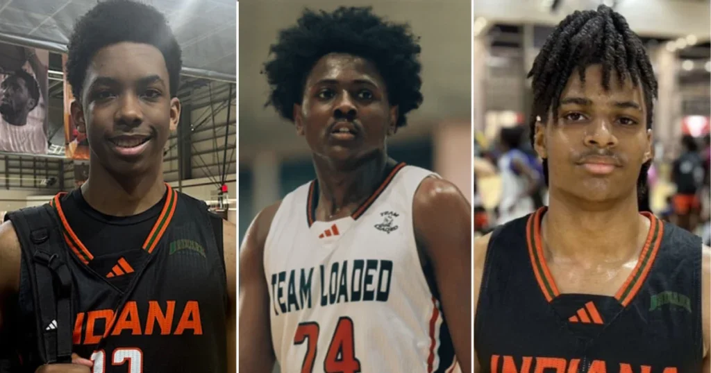 Three young male basketball players in Indiana jerseys, standing in a gym or sports facility.