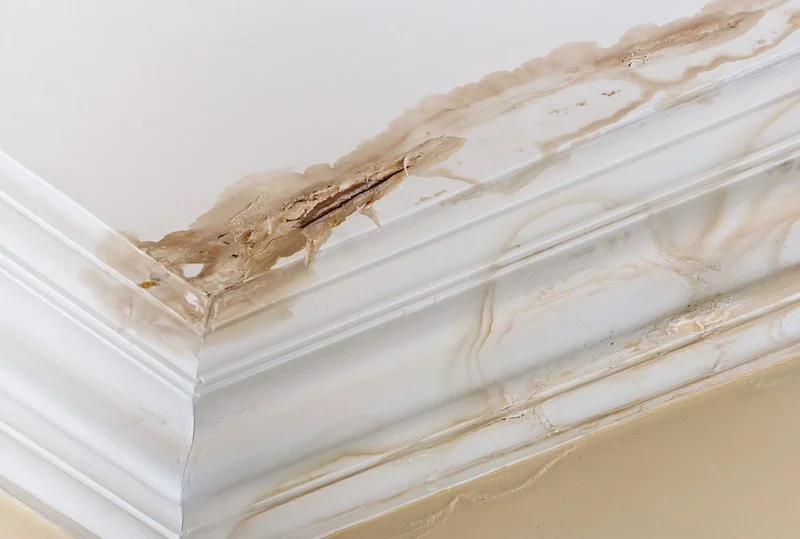 Ceiling corner with water damage, stains, and peeling paint.
