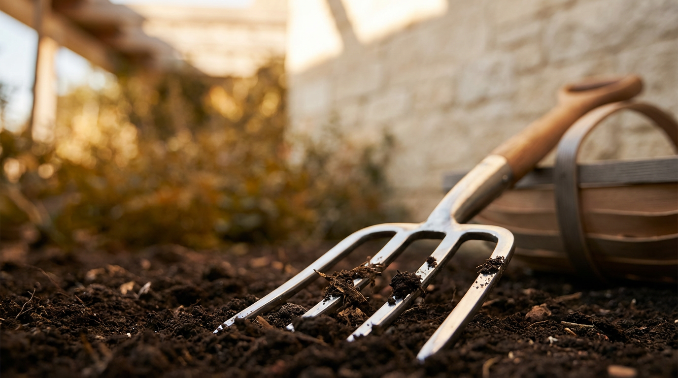 A gardening cultivator fork partially in the soil, with a garden basket and trowel in the background, sunlit outdoor setting.