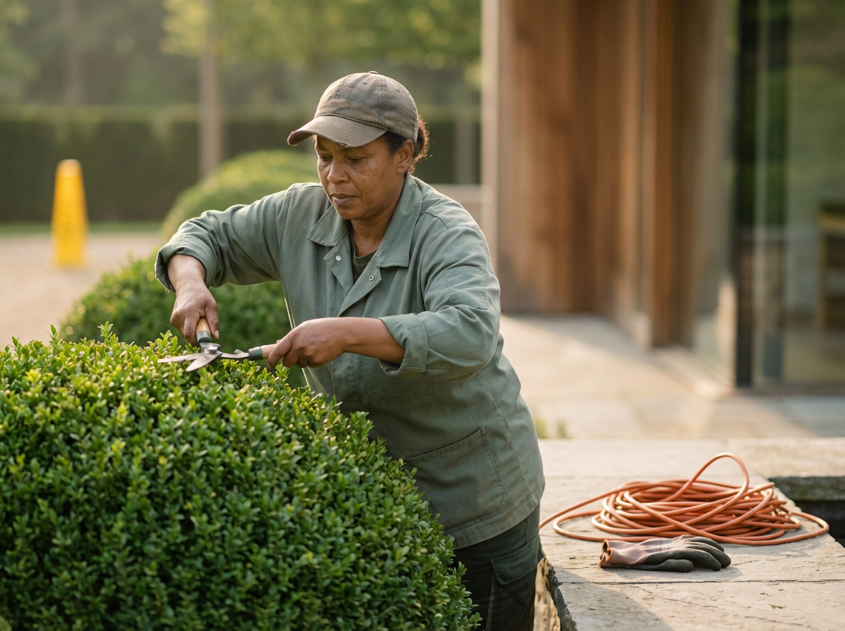 A woman in a gray work jacket and cap trimming a green bush with garden shears outdoors, with gardening gloves and a coiled orange extension cord nearby.