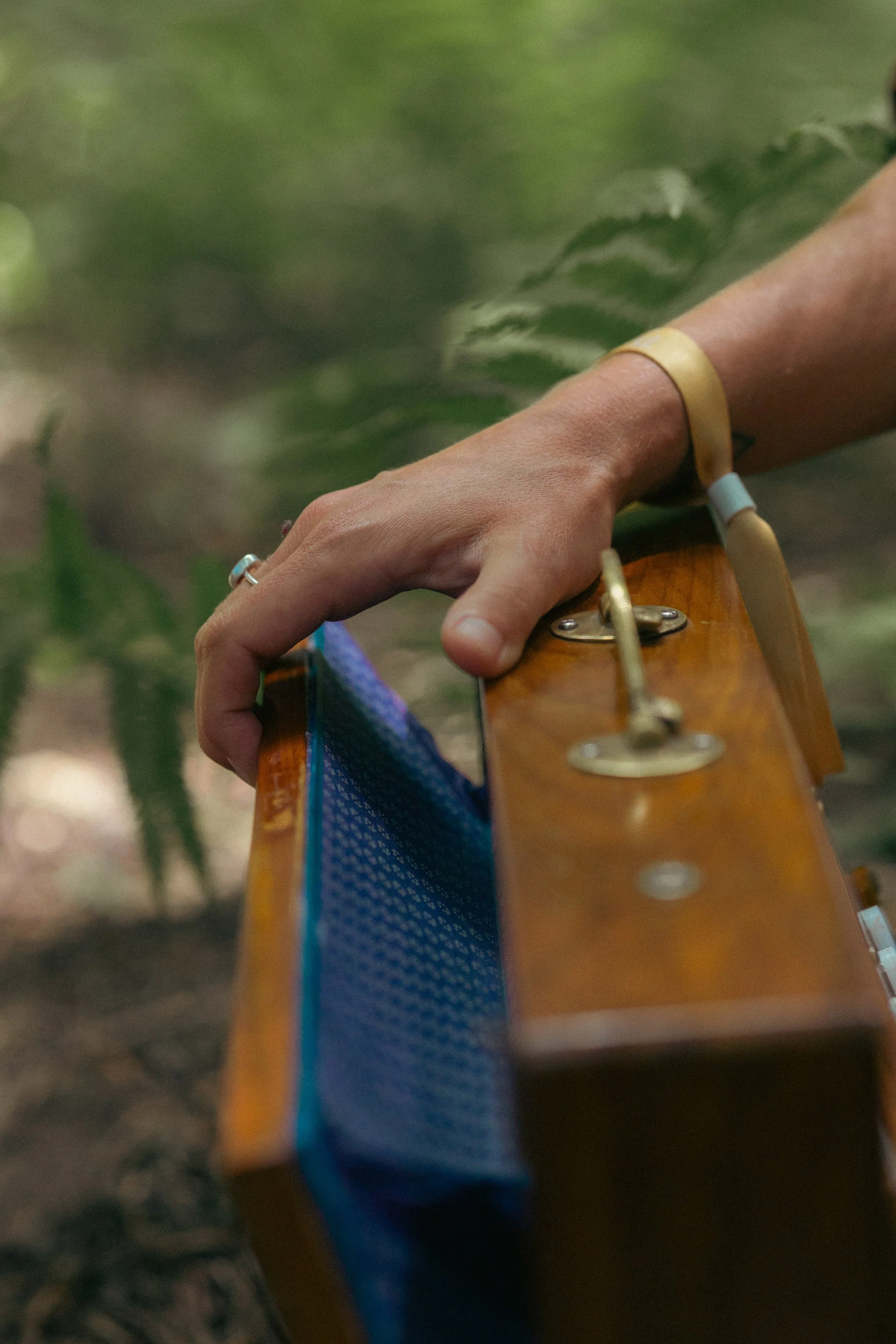 Close-up of a hand resting on the neck of an acoustic guitar, with a blurred green leafy background.