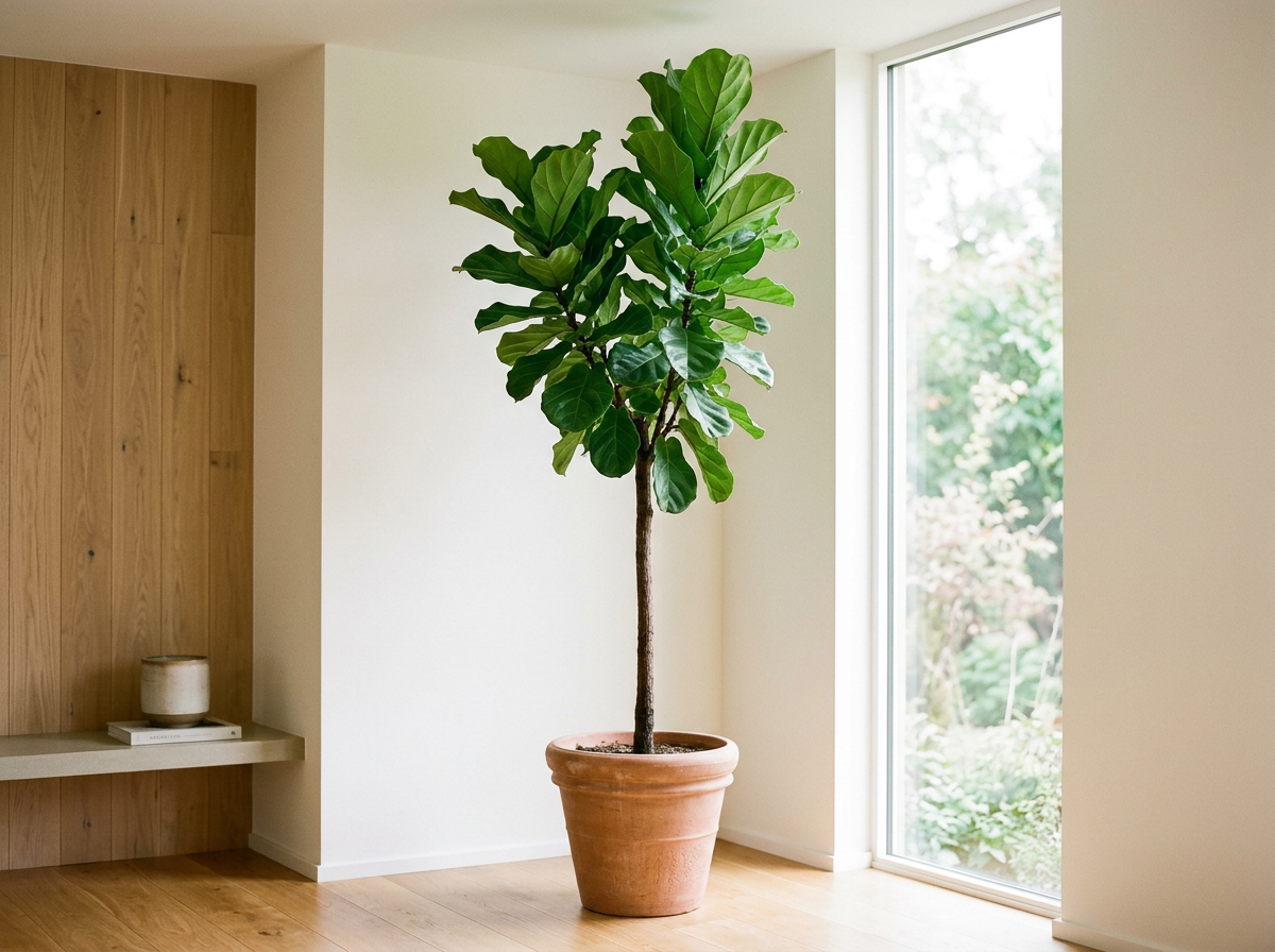 Tall potted plant with large leaves showing healthy growth