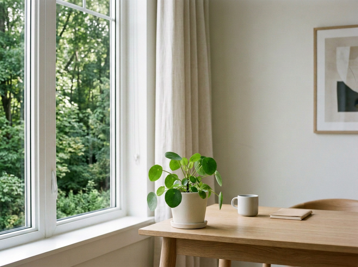 Small plant on desk near window, showing healthy growth