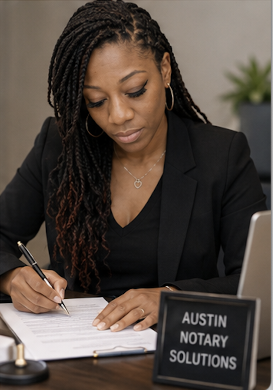 A woman with braided hair in a black blazer sitting at a desk, writing on a paper with a pen, with a sign that reads "AUSTIN NOTARY SOLUTIONS" on the desk.