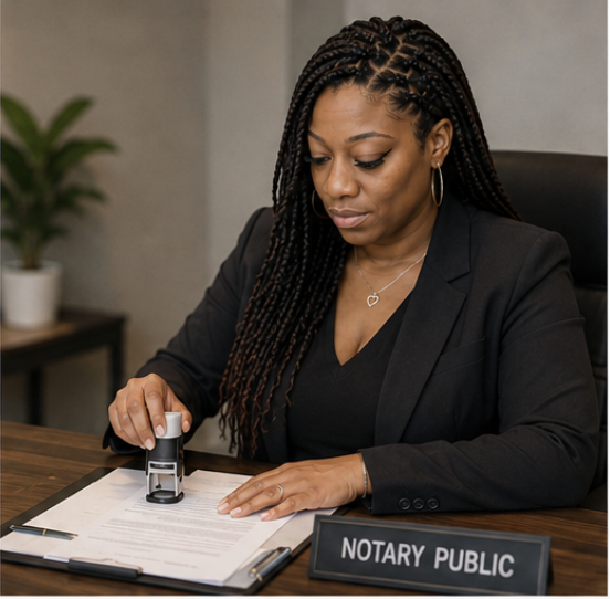 A woman in professional attire using a stamp on legal documents, seated at a desk with a "Notary Public" sign.