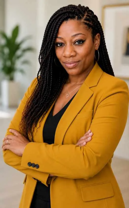 A confident woman with braided hair, wearing a mustard yellow blazer over a black top, standing with arms crossed in an office setting.