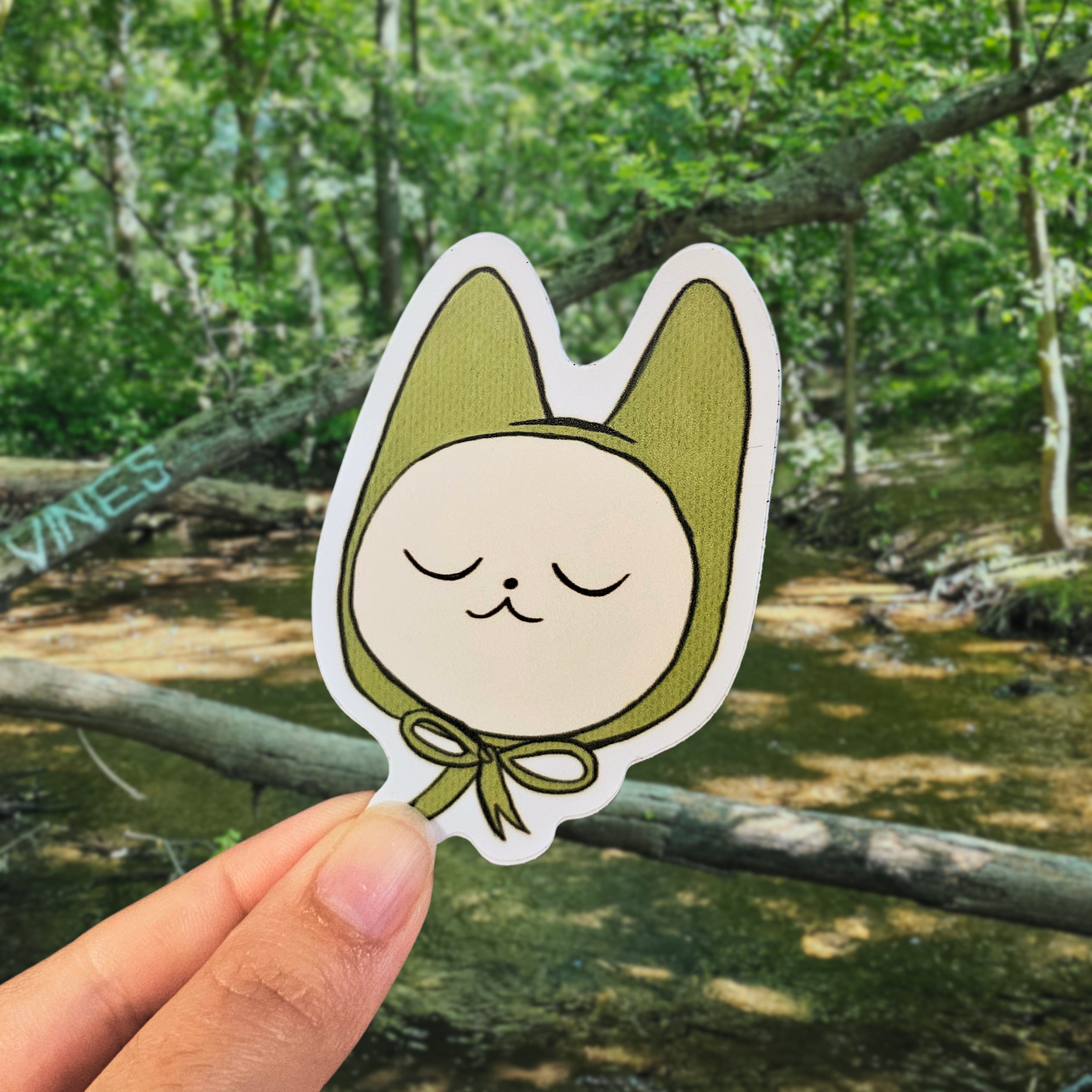 Soft Green Bonnet Cat Sticker