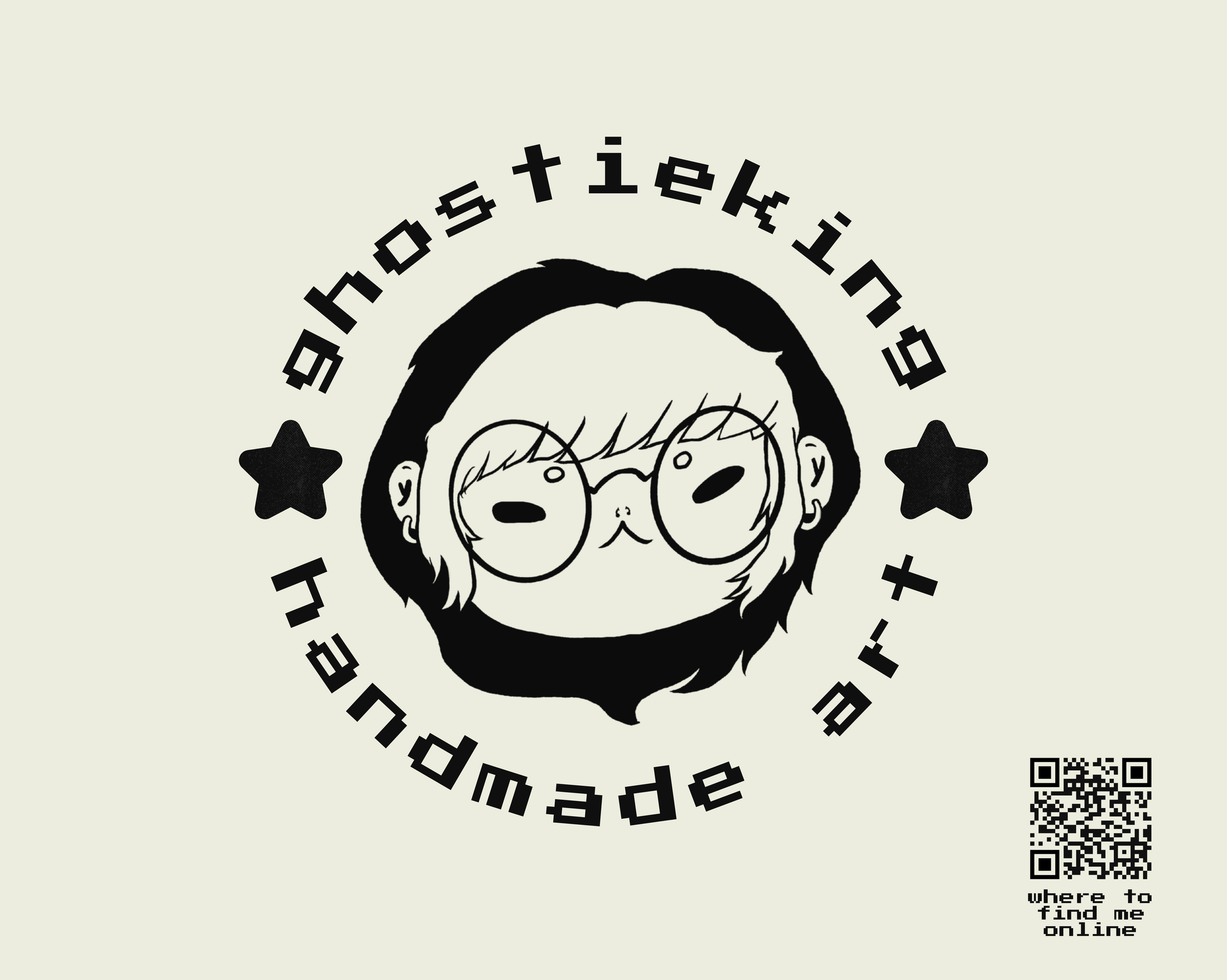 A black and white illustrated image of a person with glasses and long hair, surrounded by the text 'where to find me online' and a QR code.