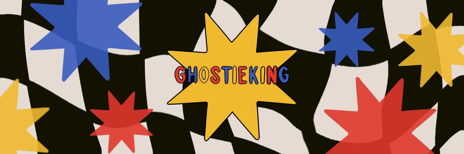 Colorful sign with the word 'GHOSTIEKING' and star-shaped decorations in blue, yellow, red, black, and white colors.