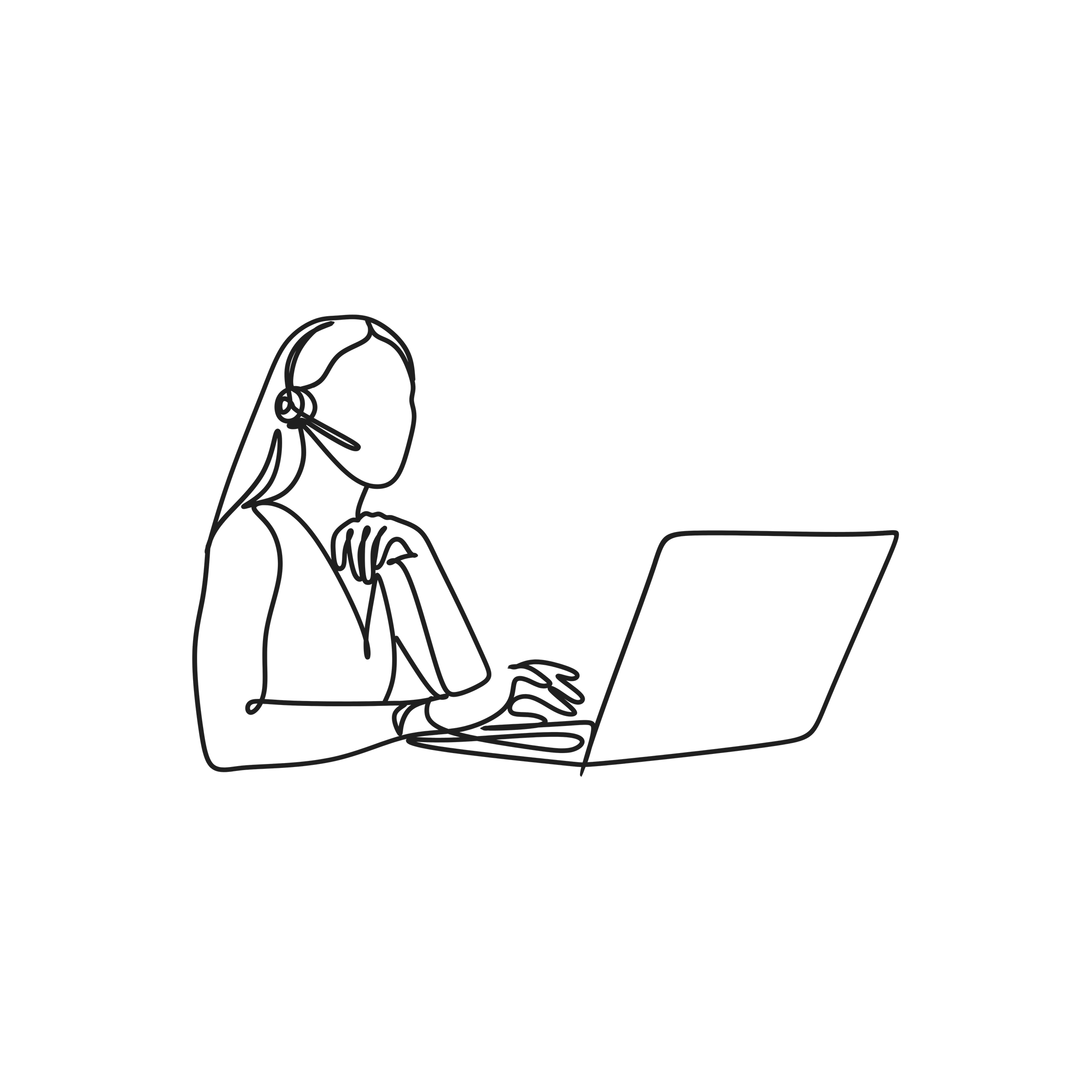 Line drawing of a woman with long hair working on a laptop, with her hand near her face, on a desk.