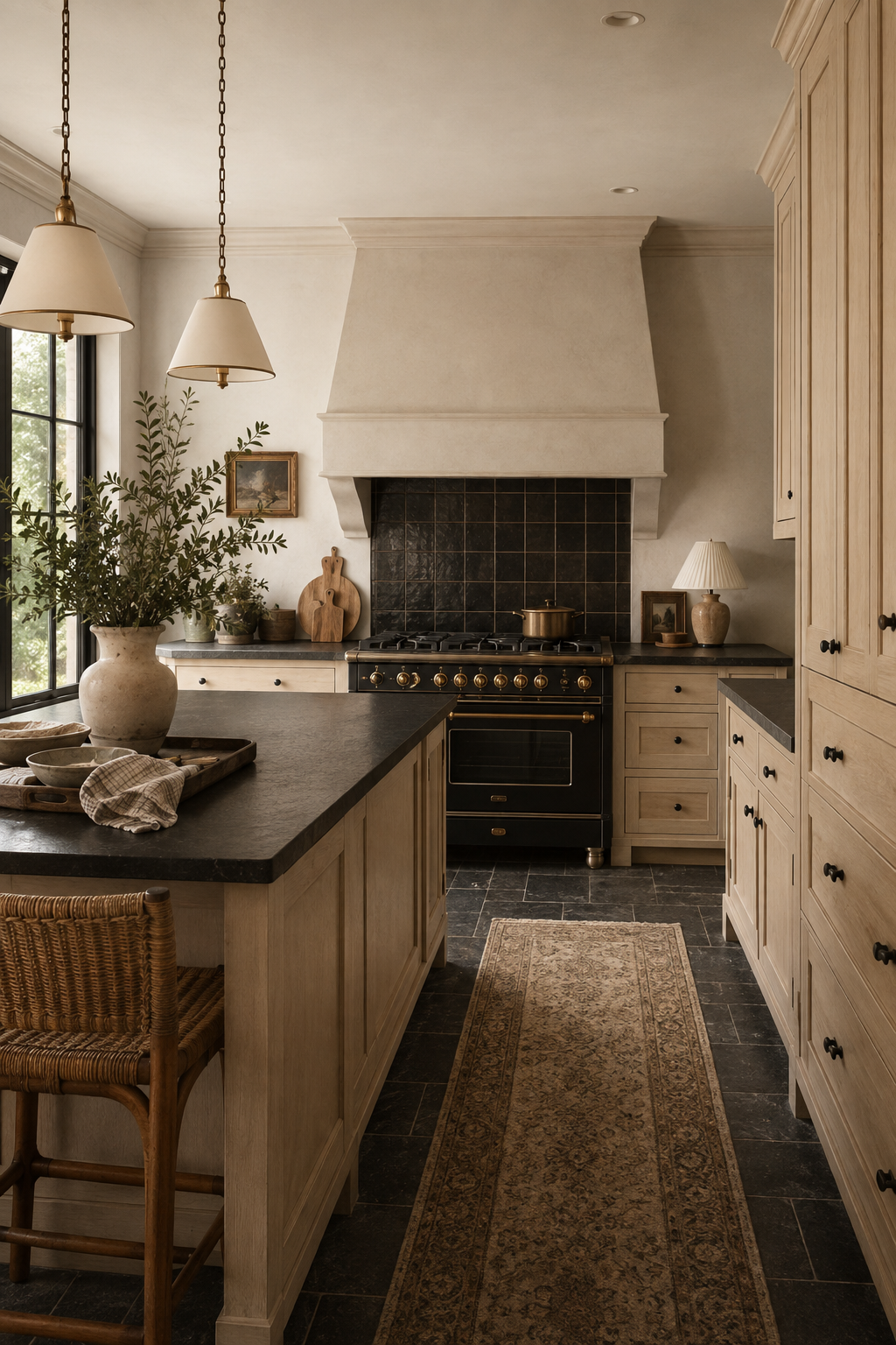 A cozy kitchen with a black stove, beige cabinets, and a window with plants. Decor includes a large vase with greenery, framed artwork, a wooden cutting board, table lamp, and patterned rug.