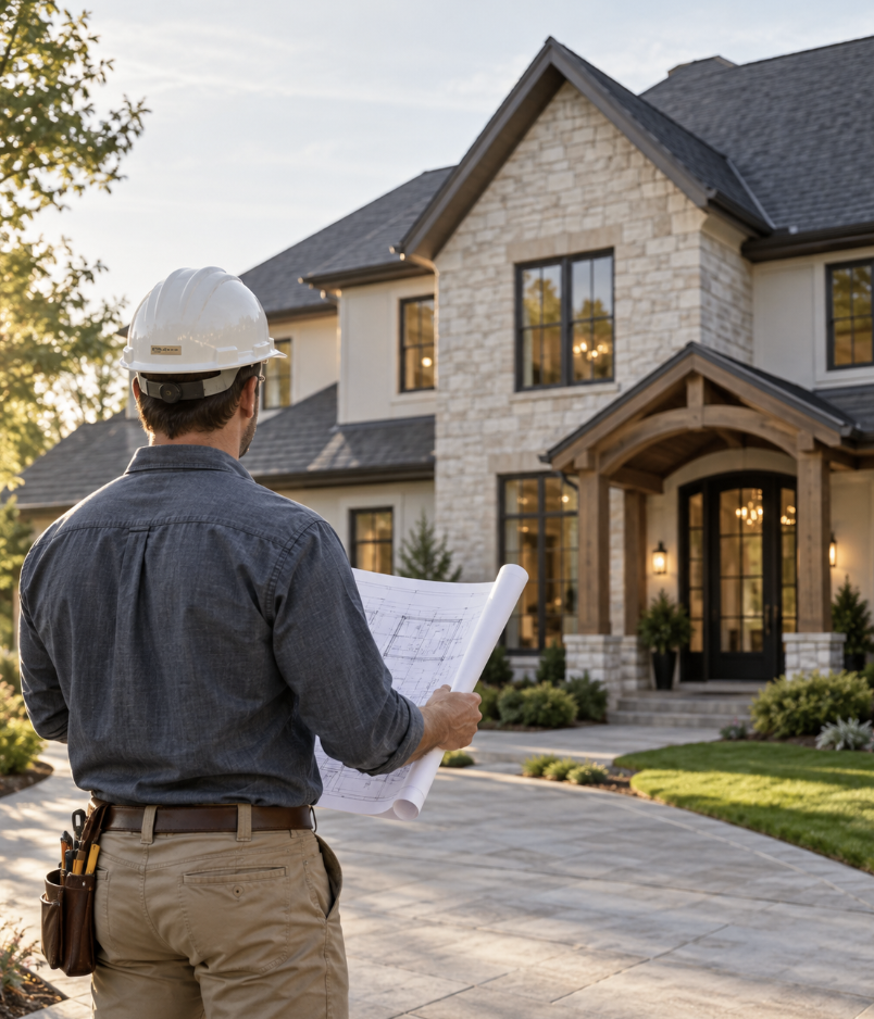 A construction worker wearing a hard hat and holding blueprints stands in front of a modern, two-story house with stone and siding exterior, surrounded by landscaped yard and driveway, at sunset.