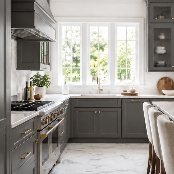 Modern kitchen with gray cabinets, white countertops, a large window, and barstools.