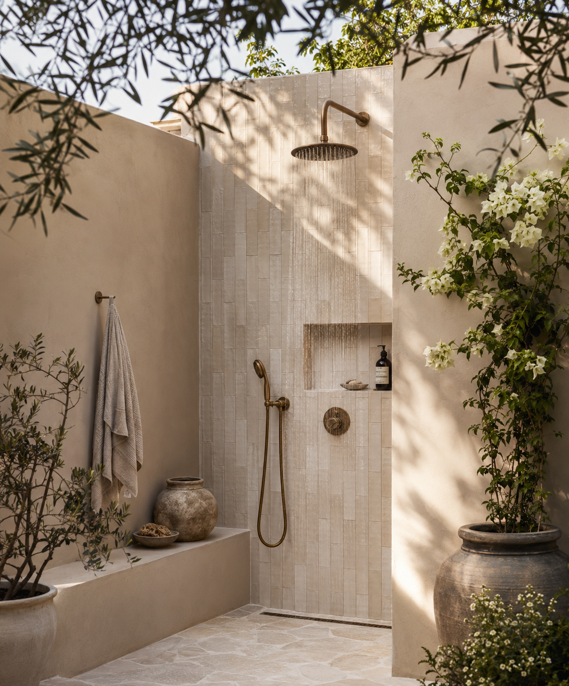 An outdoor shower area with a brass showerhead and handheld shower, surrounded by beige walls, potted plants, and natural decor elements.