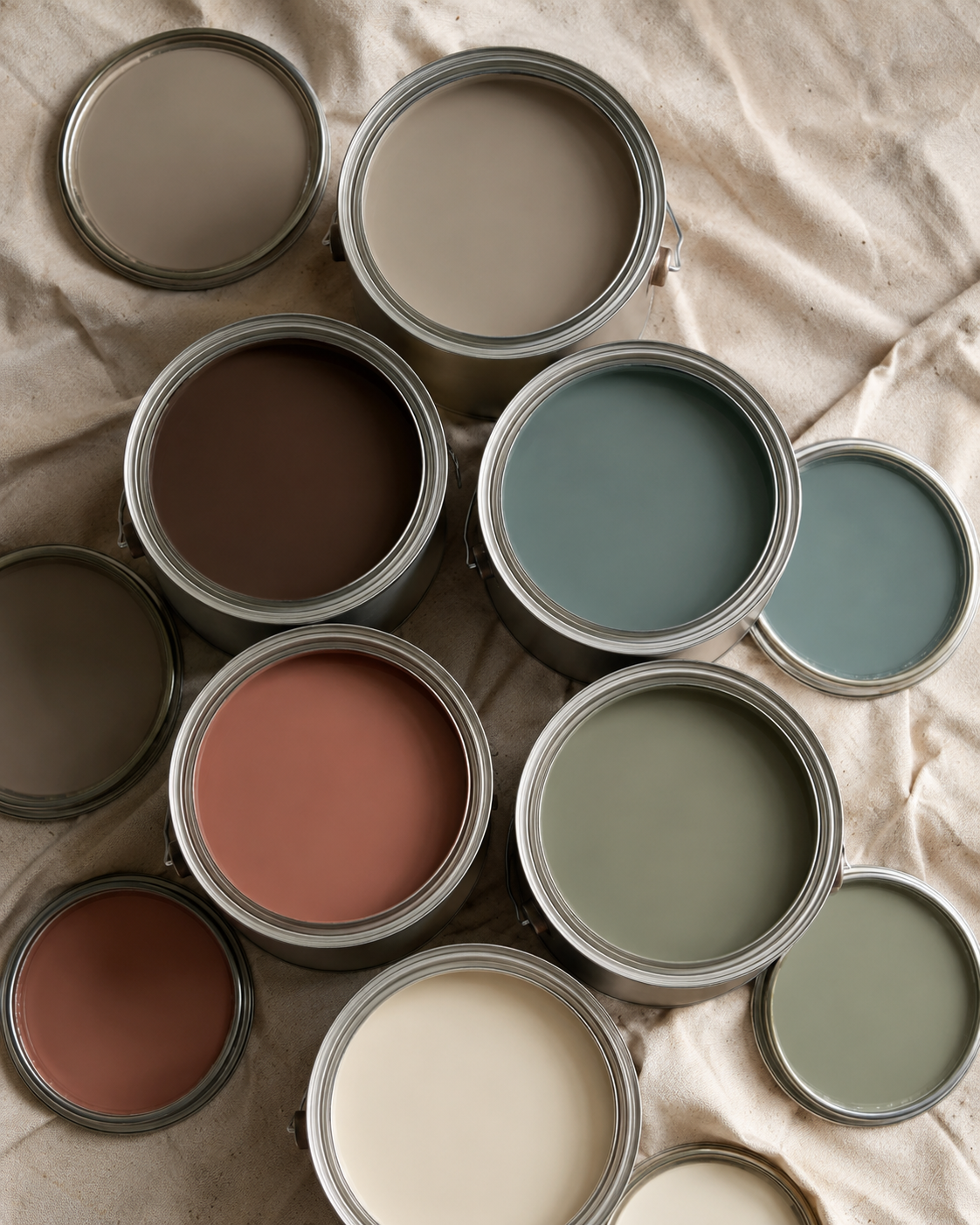Multiple open cans of colored paint or primer in various shades on a beige cloth background.