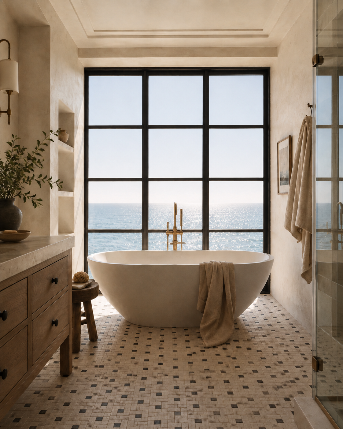 Bathroom with a freestanding bathtub positioned in front of a large window overlooking the ocean, with neutral-colored walls, a wooden vanity, and a shower enclosure.