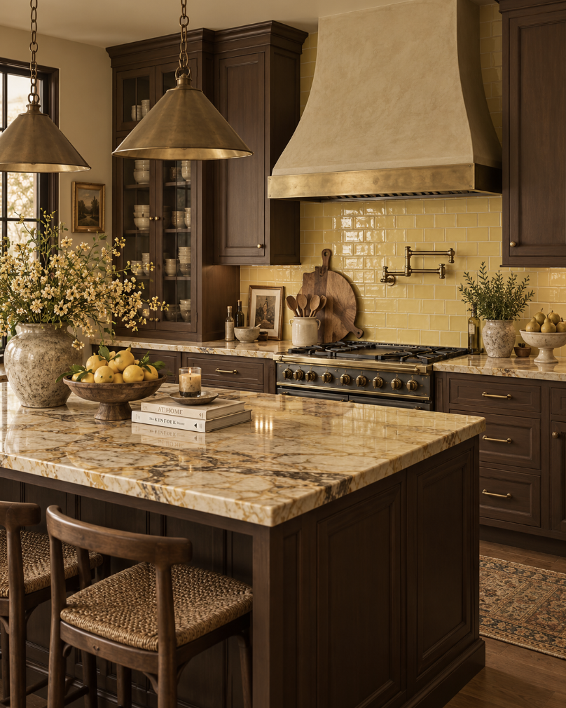 A cozy kitchen with a marble-topped island, dark wooden cabinets, and a yellow tile backsplash. Decor includes a large vase with flowers, a bowl of apples, and various decorative items. Two pendant lights hang above the island.