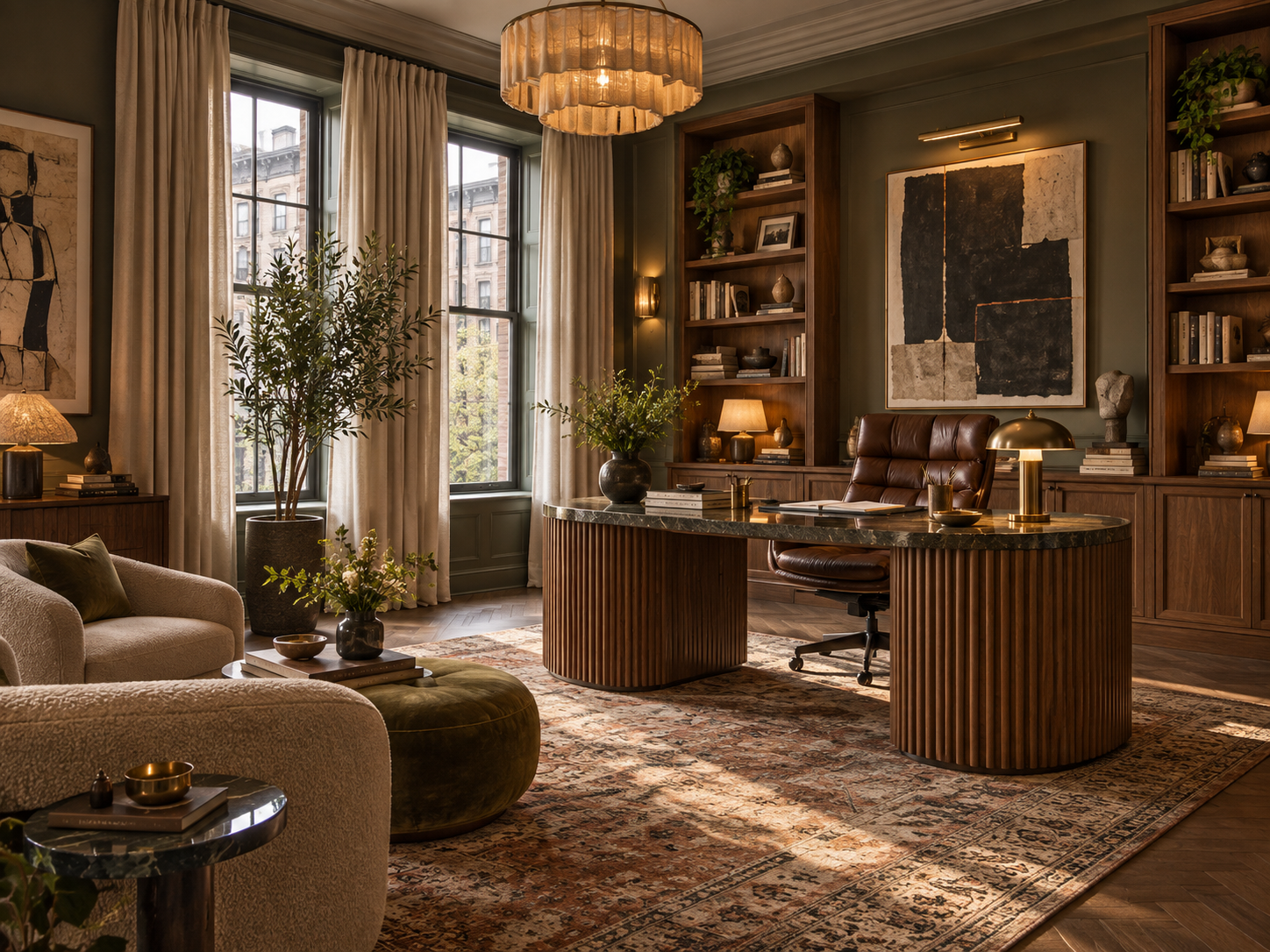 A cozy, elegant home office with large windows, draped curtains, a wooden desk with a marble top, a leather office chair, bookshelves with books and decor, a patterned area rug, and warm lighting from table lamps and a ceiling fixture.