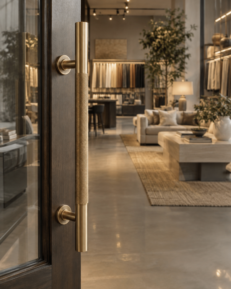 Close-up of a gold door handle on a glass door, showing an interior space that includes a seating area with a beige sofa, armchair, coffee table, and decorative elements like lamp, vases, and artwork in a modern style.