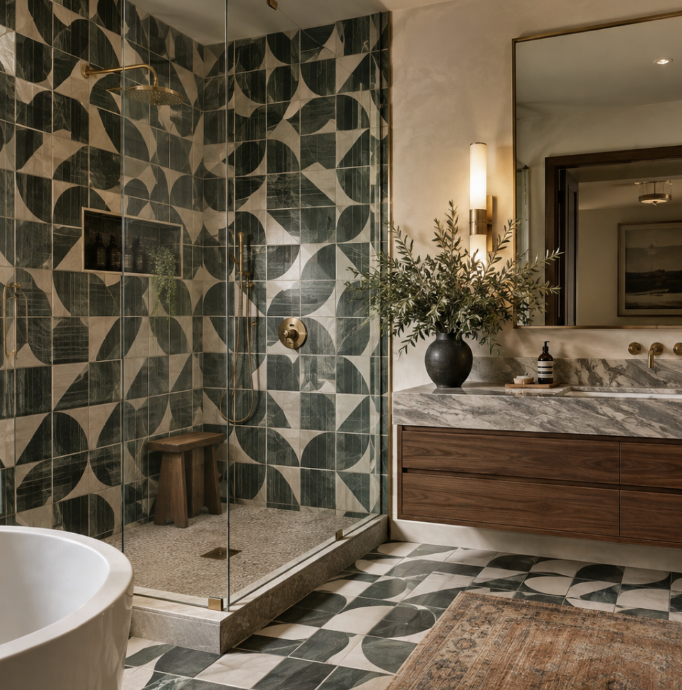 Modern bathroom with a green and white patterned tile shower, a wooden vanity with a marble countertop, a large mirror, a black vase with plants, and a rug on the patterned tile floor.