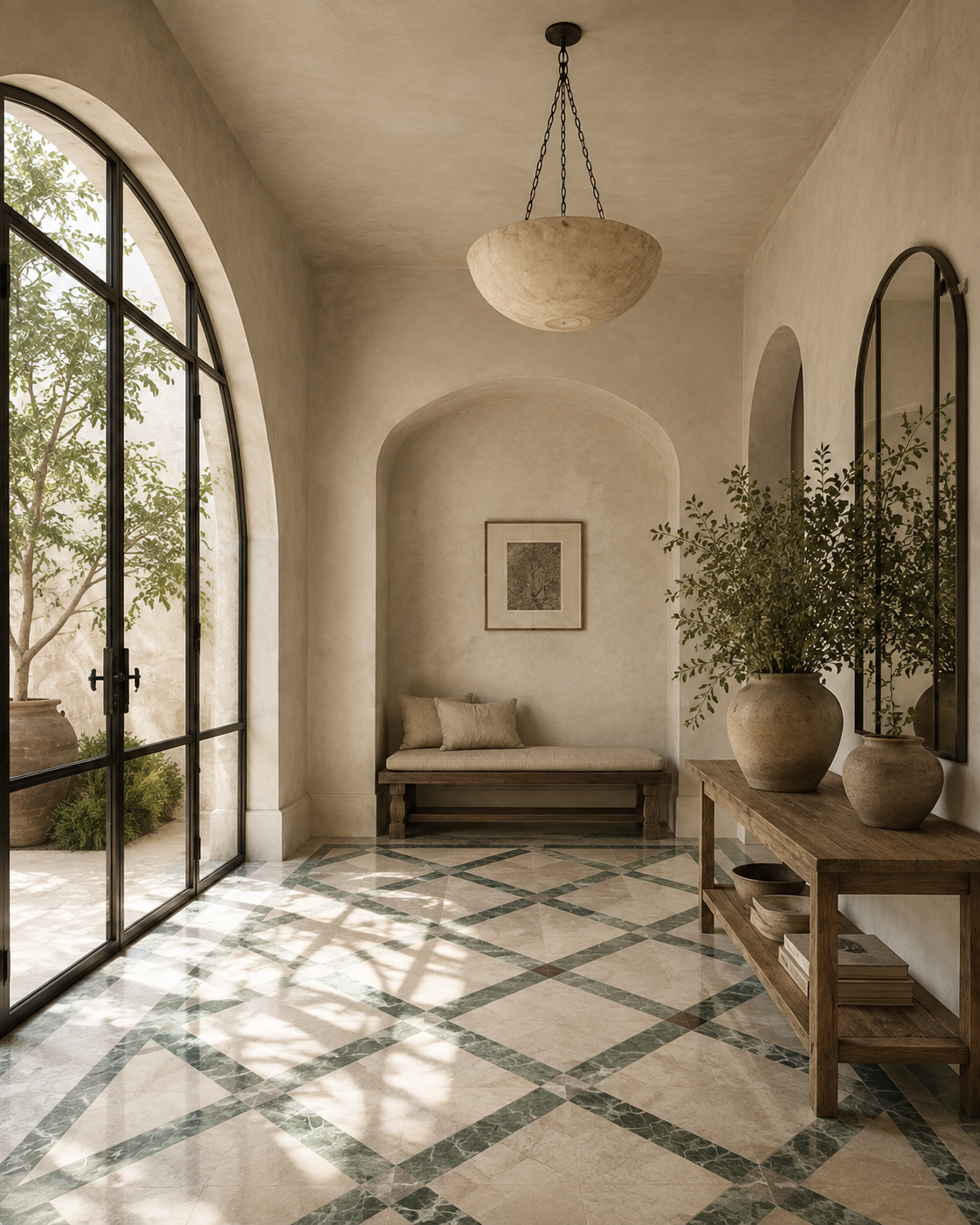 Elegant entryway with large arched window, tiled floor with green and beige pattern, wooden bench with cushions, wooden console table with large vases and reeds, framed artwork on wall, and hanging light fixture.