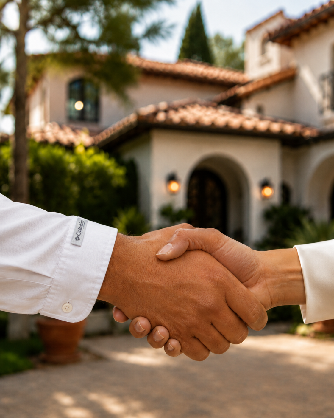 Two people shaking hands in front of a house with a tiled roof, plants, and trees.