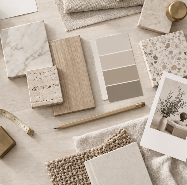 Interior design planning table with marble, wood, and stone samples, a color palette, a pencil, fabric swatches, a printed mood board with a plant photo, and measuring tape.
