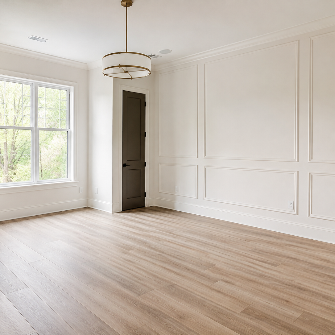 Empty room with large window, white walls with decorative molding, light wood flooring, black door, and modern ceiling light fixture.