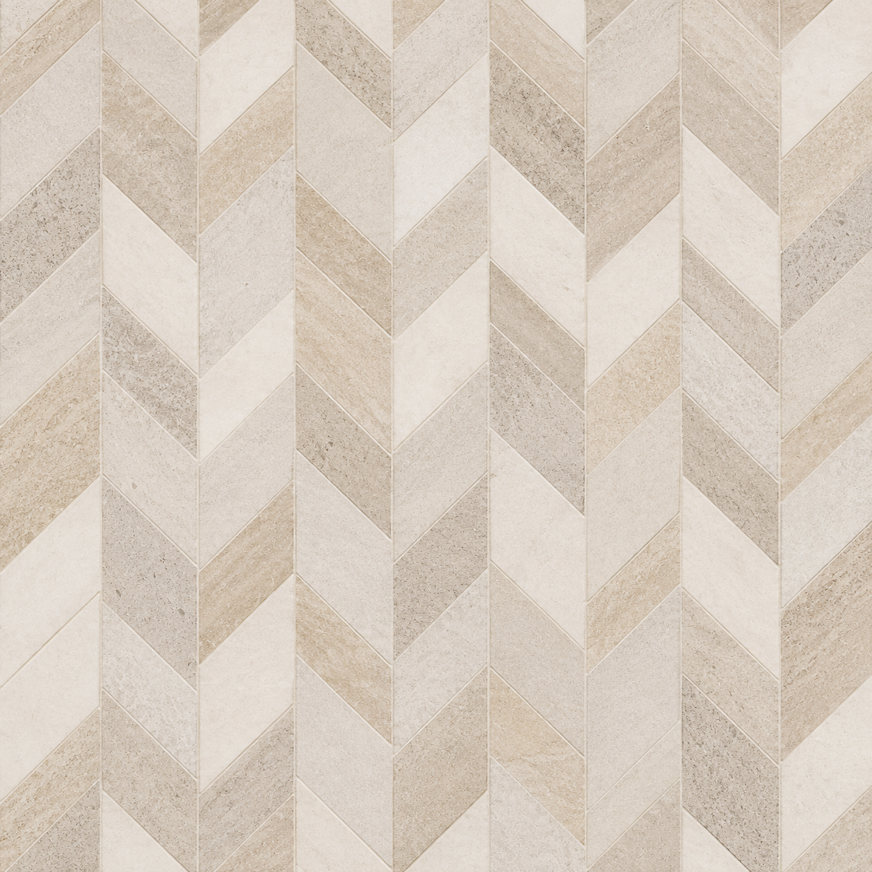 Patterned ceramic tiles in beige, cream, and light brown in a chevron pattern.