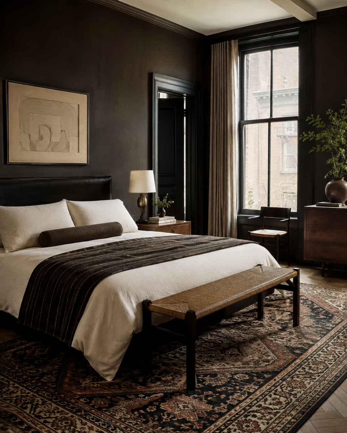 Bedroom with dark walls, large window with beige curtains, bed with white bedding, dark brown bolster pillow, and dark striped blanket. Nightstand with a lamp, books, and a plant. Wooden bench at the foot of the bed. Rug with intricate pattern. Drawing on wall, wooden chair, and dresser with a large plant.