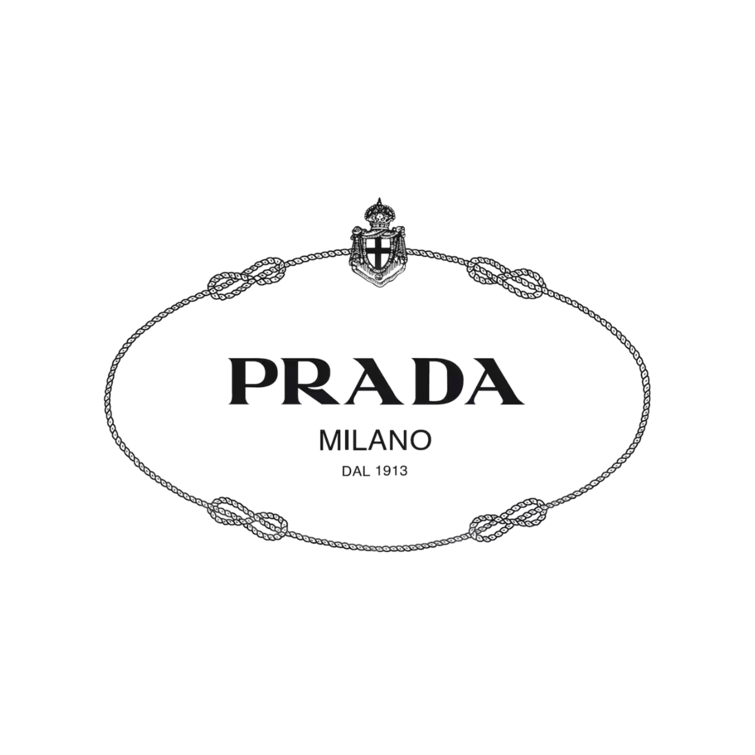 The Prada logo is displayed with a decorative rope design surrounding it. The logo features the word 'PRADA' with the word 'MILANO' below it, and the phrase 'DAL 1913' at the bottom.