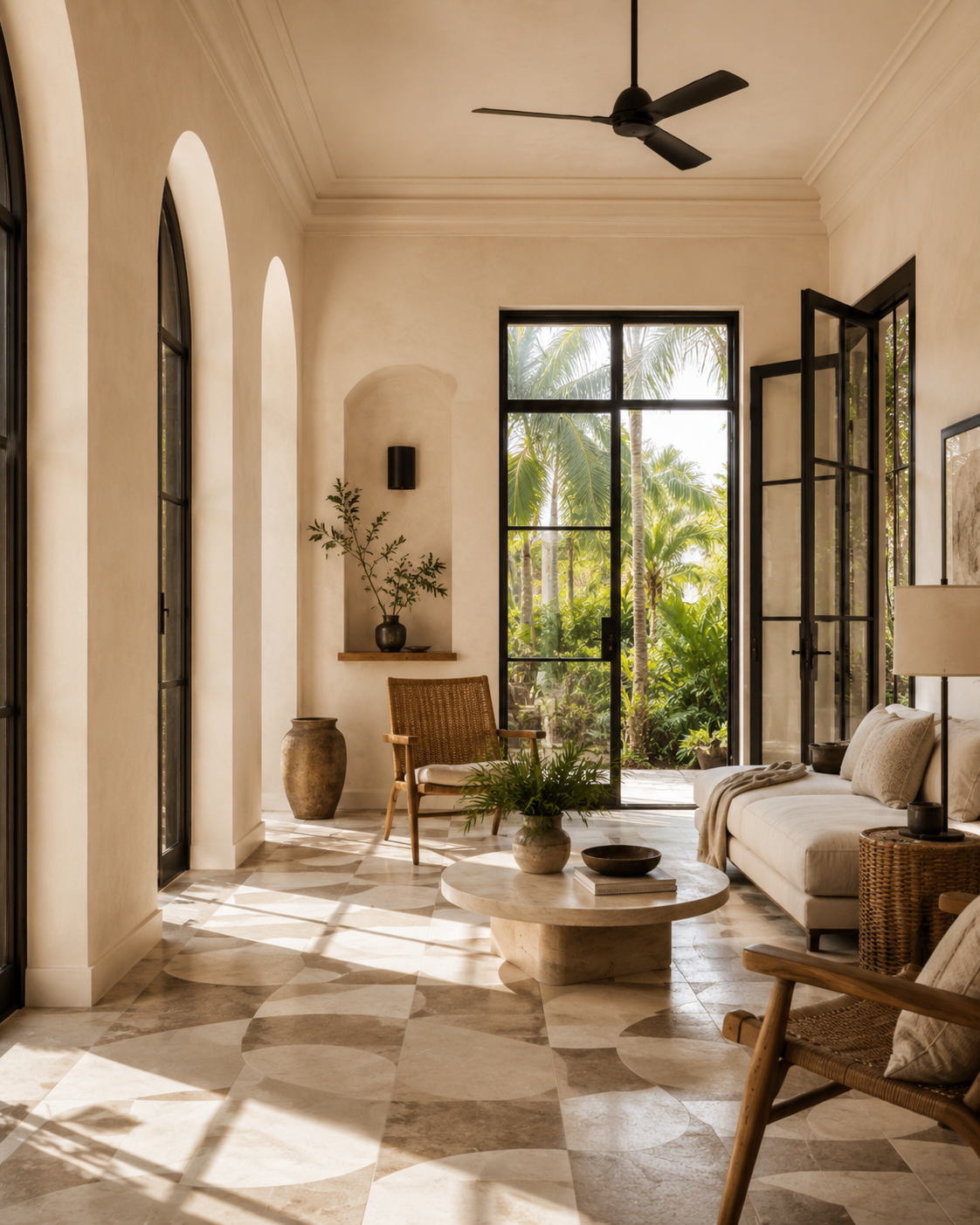 Living room with large glass doors opening to a lush tropical garden, beige couch, wooden chairs, marble floor, and minimalist decor.