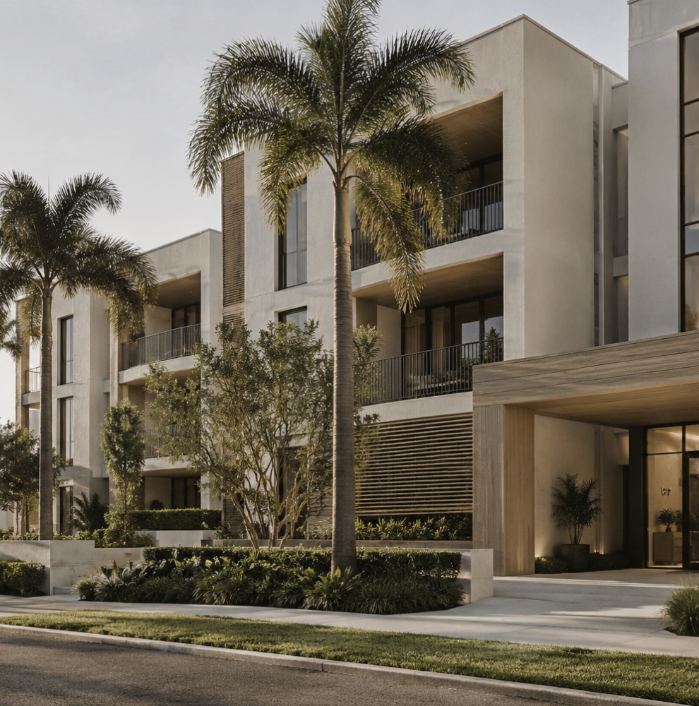 Modern apartment building with palm trees, greenery, and a sidewalk in a sunny, urban setting.