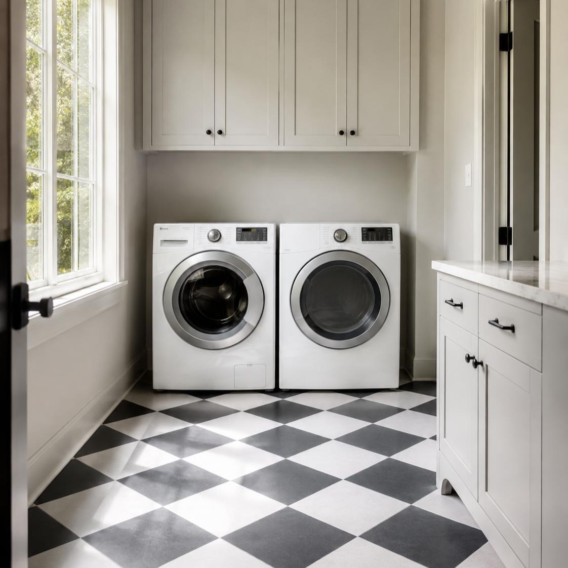 Laundry room with front-loading washer and dryer, white cabinets, black and white checkered floor, adjacent to window.
