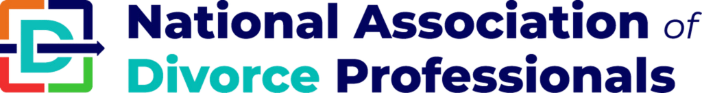 Logo of the National Association of Divorce Professionals, featuring bold blue and teal text and an abstract design with overlapping shapes.