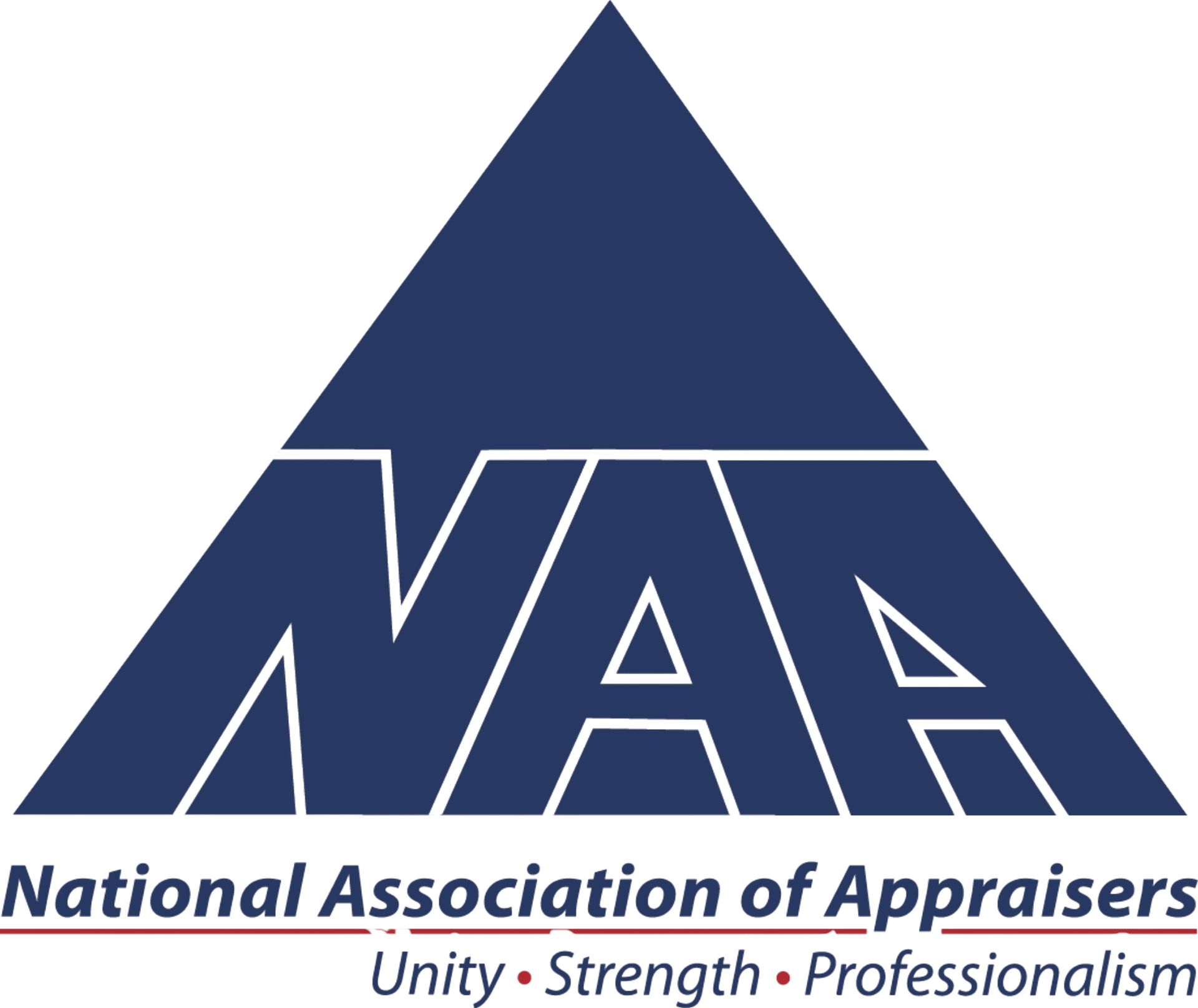 Logo of the National Association of Appraisers featuring a blue pyramid design and text highlighting unity, strength, and professionalism.